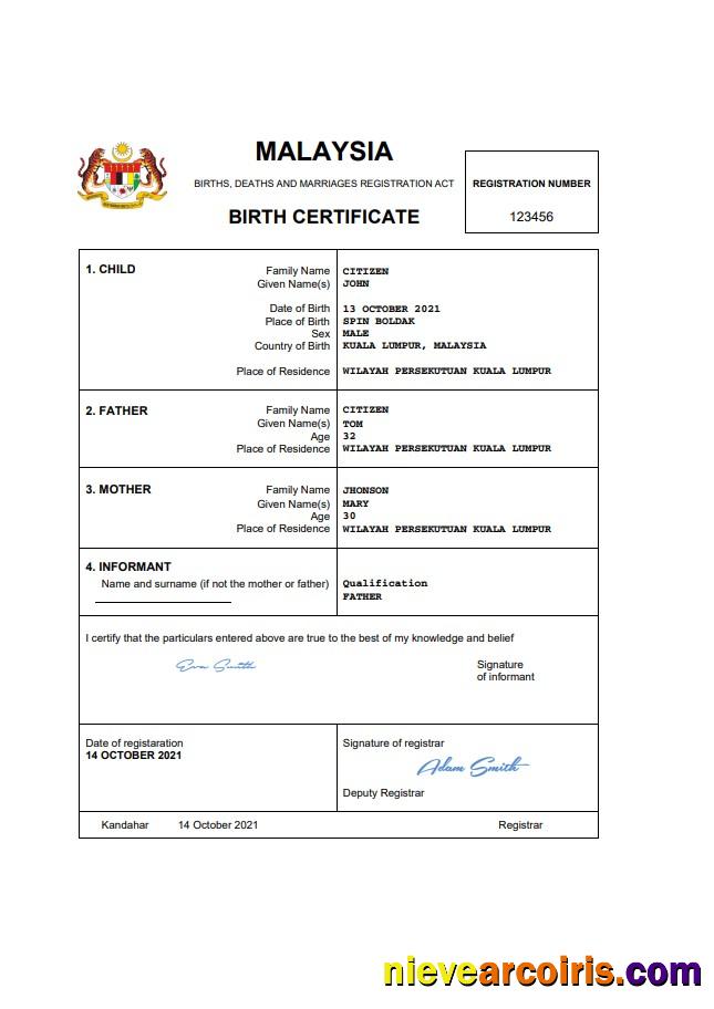 Malaysia vital record birth certificate